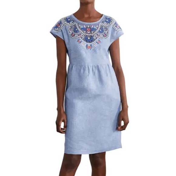 Boden Fleur Embroidered Linen Dress in Gray Blue Chambray Sz 6 - Picture 3 of 14